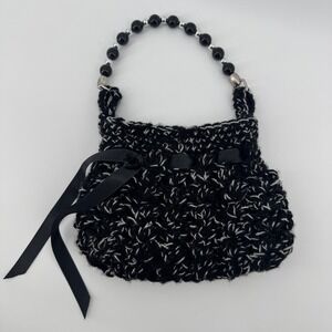Black & White Crochet‎ Beaded Handle Purse Ribbon Detail Handbag Evening Bag